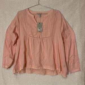 Bass Peach-Pink Pintuck Lace Peasant Blouse Cottagecore lightweight Large NWT